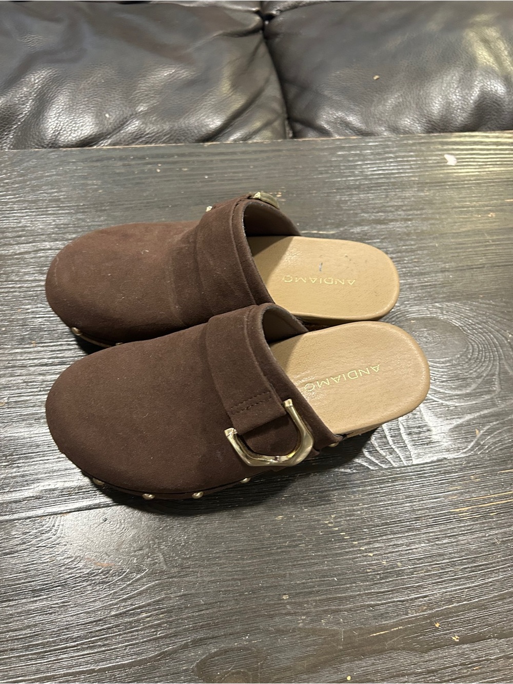 Andiamo Women's Brown Suede Mule with Decorative Buckle 6.5 wide
